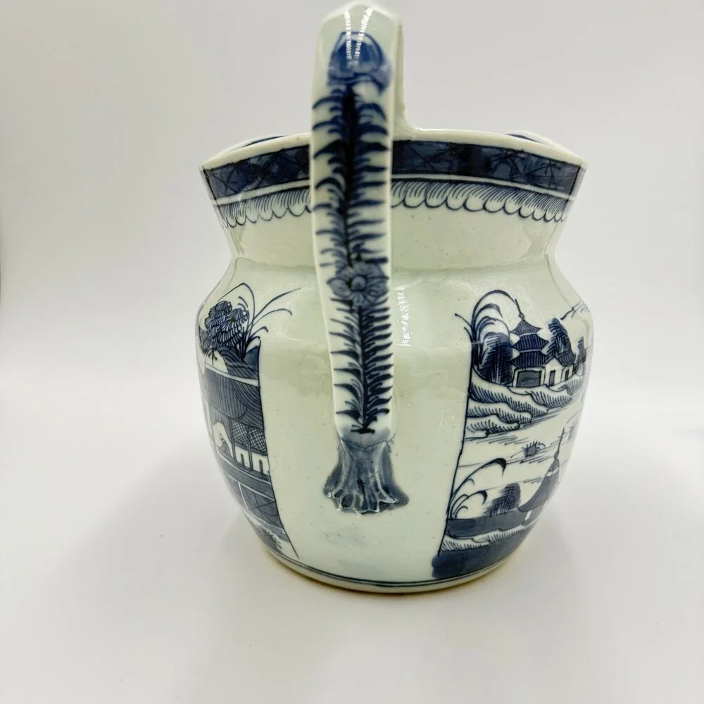 Antique Chinese Blue & White Canton Export Porcelain Large Pitcher 9”H x12” L